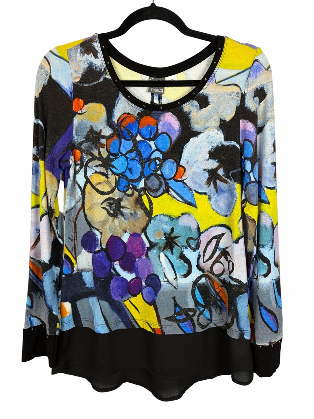 Dolcezza Simply Art Wear Abstract Floral Tunic Top XS Studded Long Sleeve